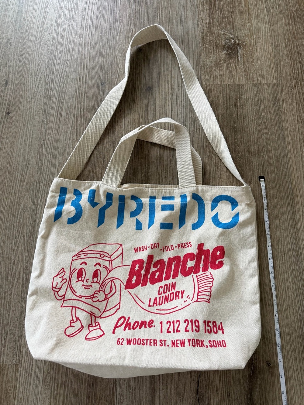 Byredo Blanche Canvas Tote in Cream with Blue & Red Logo Print - Picture 2 of 4